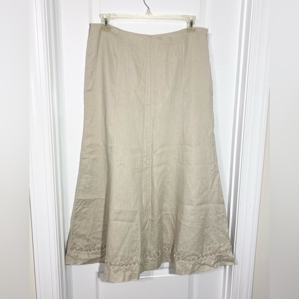 Carole Little LINEN Applique Hemline Maxi Skirt Tan Size 12